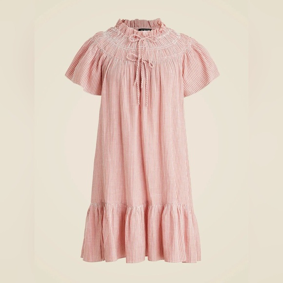 J. Crew Airy Gauze Babydoll Smocked Mini Dress in Red White Stripe Size Medium - Picture 1 of 8